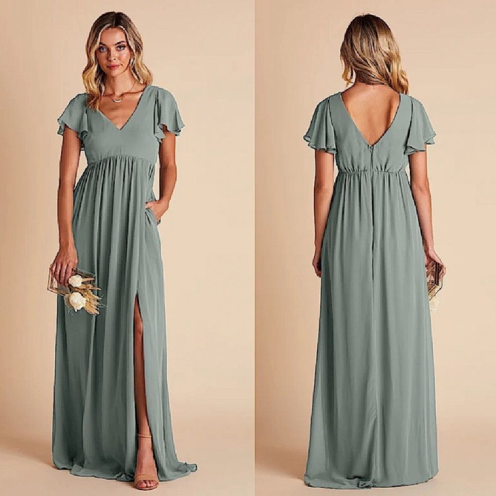 New NWT Birdy Grey “Hannah” Chiffon Gown Maxi Dress Sea Glass Green